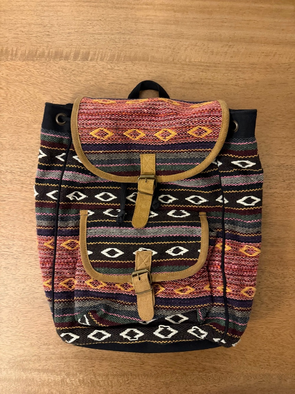 Boho Patterned Multi-Color Canvas Backpack with Tan Trim